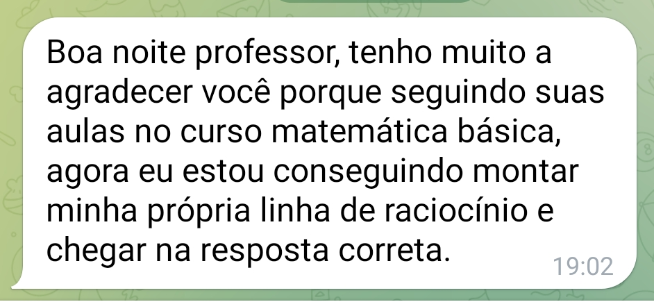 Print de depoimento via Telegram sobre o curso de matemática básica
