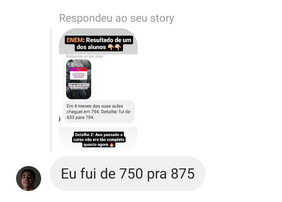 Print de depoimento: aluno foi de 653 para 794 no ENEM em 4 meses